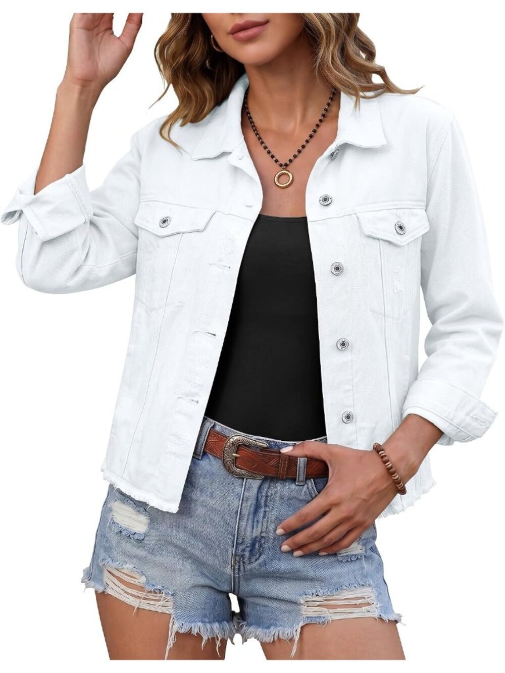 Women’s Bright White Western Trucker Frayed Hem Vintage Distressed Jean Jacket